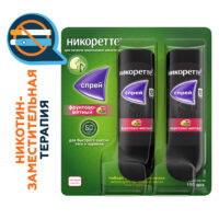 Купить Никоретте® Спрей никотиновый от курения 150 доз фруктово-мятный 1 мг/доза 13,2 мл 2 шт